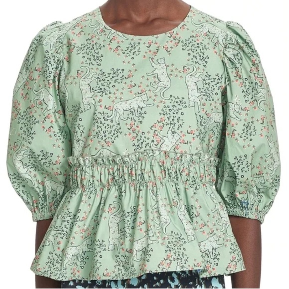 Corey Lynn Calter Mist Green Leopard Print Peplum‎ Puff Sleeve Top Size M